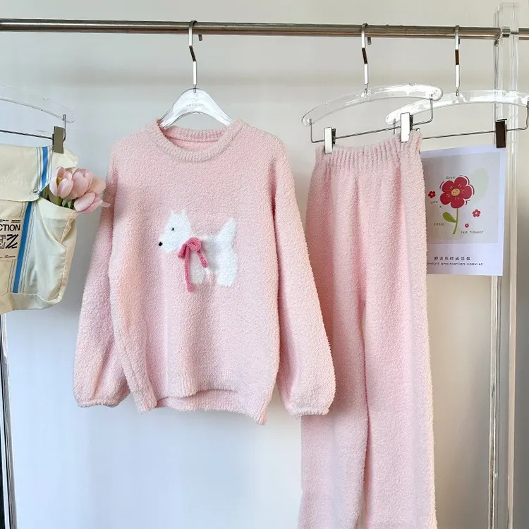 日系小狗软绵绵毛线绒睡衣女秋冬柔软长袖家居服卡通套装