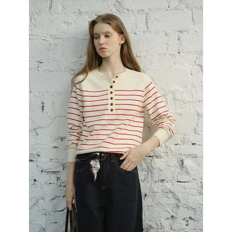 【CIRCLOFY瑟夕】法式复古时尚撞色条纹V领针织衫CIVD783392