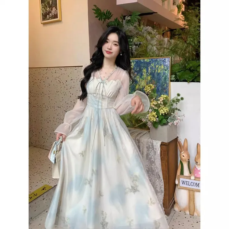 法式气质优雅系带领印花连衣裙设计感超仙小众时髦显瘦修身裙子