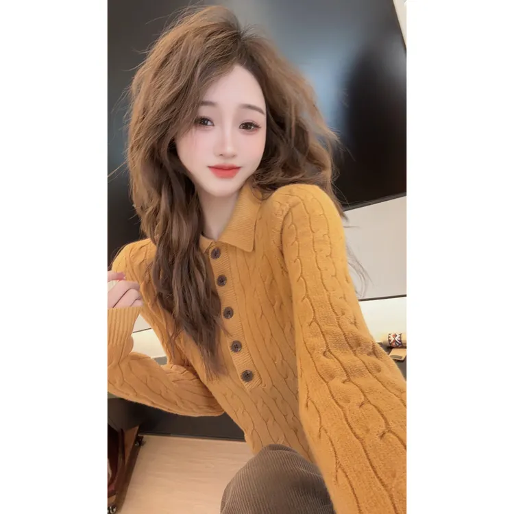 【陈陈私服】时尚慵懒显白翻领毛衣洋气显瘦长袖针织打底衫25120401