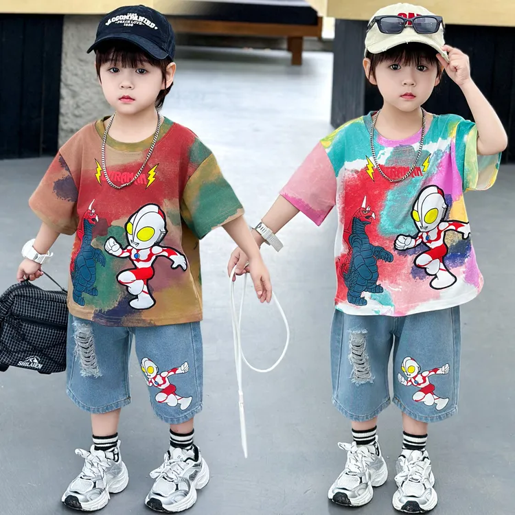 奥特曼衣服儿童夏装套装夏季扎染男童短袖两件套洋气小孩潮帅童装