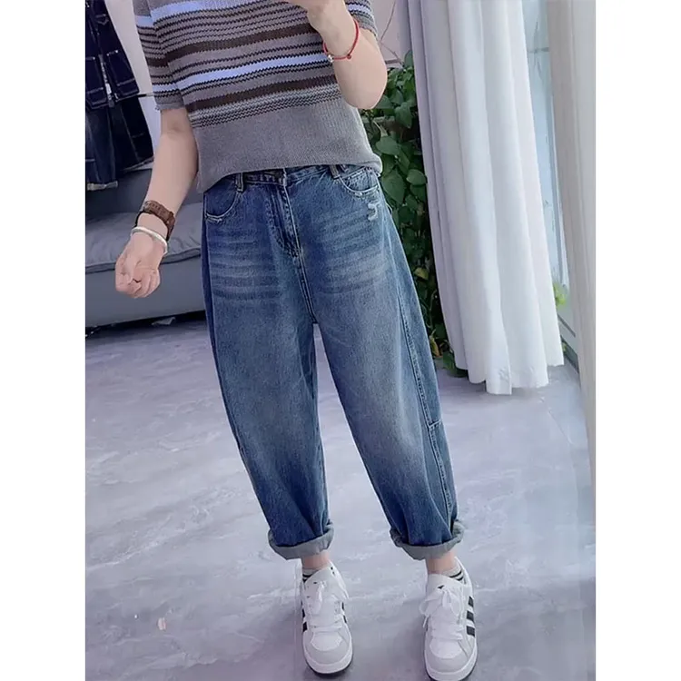 2025秋季新款蓝色哈伦牛仔裤女大码小个子宽松直筒显瘦九分老爹裤