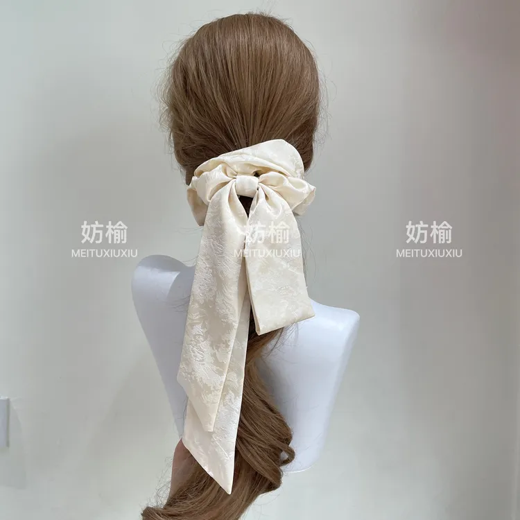 日韩纯色提花缎飘带大肠发圈女后脑勺超仙优雅显气质扎头发发饰