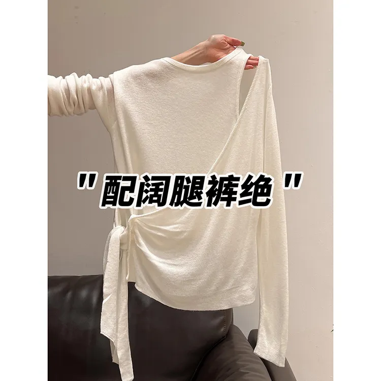 白色圆领修身针织衫女秋季设计感小众绑带打底衫巨好看的长袖上衣