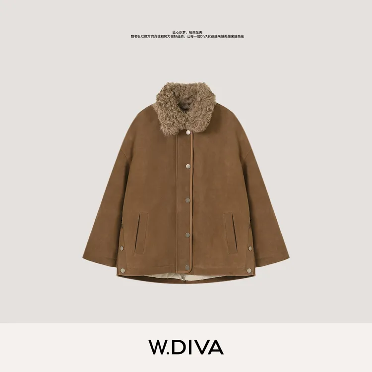 W.Diva【叙旧】湖羊毛领绒面羊皮驼绒冬季复古翻领外套女54C173219