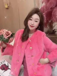 DC【粉妆淡抹】高级气质网红雪兰貂秋冬时尚轻奢双排扣外套粉色