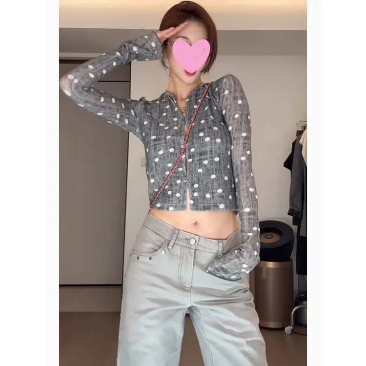 复古辣妹设计感短款露脐波点印花长袖针织开衫女早秋修身收腰上衣