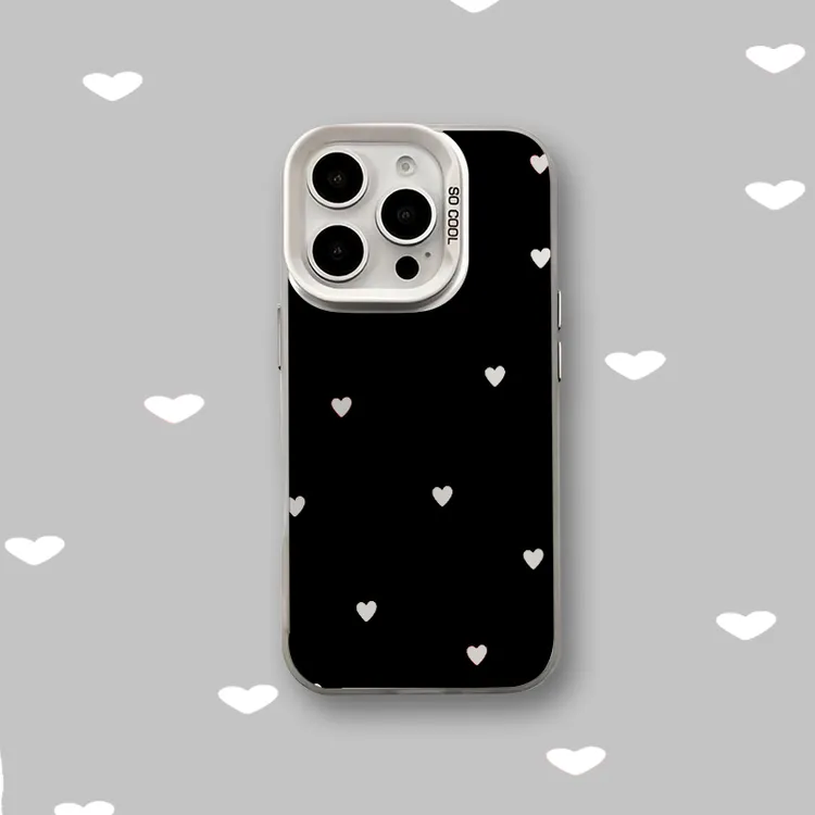 彩银黑色心心适用苹果16promaxiPhone手机壳华为oppo小米vivo防摔