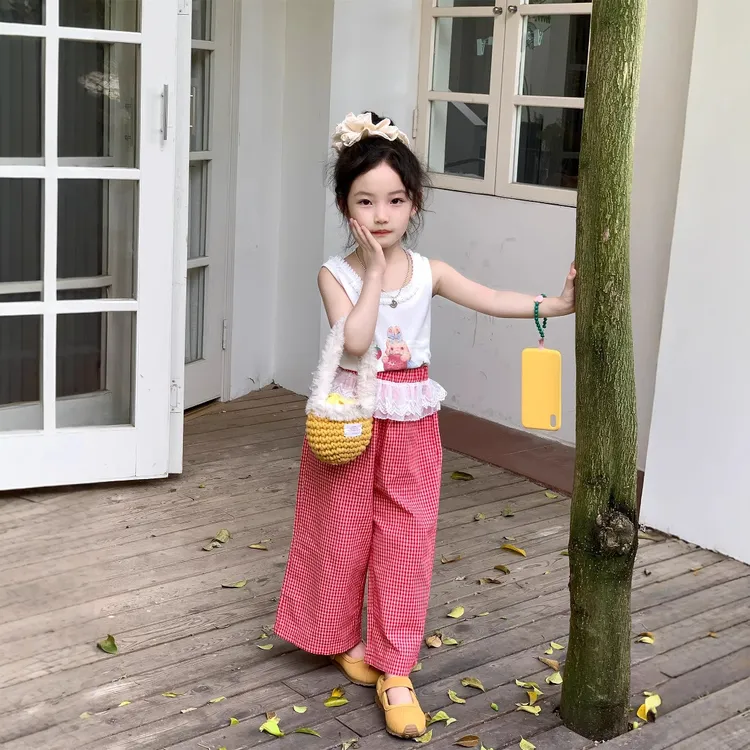 女童套装2025夏季新款韩版洋气卡通兔子背心蕾丝花边格子休闲裤