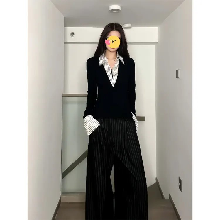 大码胖MM韩系假两件长袖T恤女秋季2025新款修身显瘦时尚别致上衣