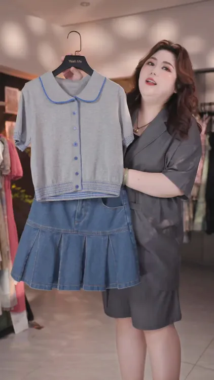 2025夏季超火一整套学院风穿搭灰色翻领短袖T恤牛仔半身裙套装女