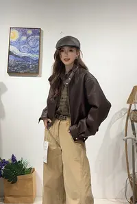 96区25106棕色女短款外套立领常规百搭外套
