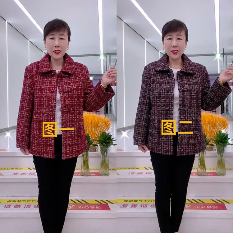 中老年春秋款翻领长袖短外套加衬里双兜时尚妈妈上衣