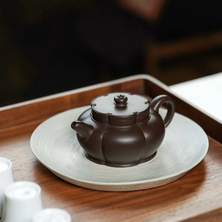 宜兴紫砂壶无极二式 如意海棠全手工精品老紫泥180cc菱花茶壶