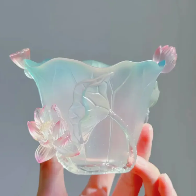 【荷气生才杯】杭州景区新款琉小璃蓝色渐变莲花杯 桌面摆件