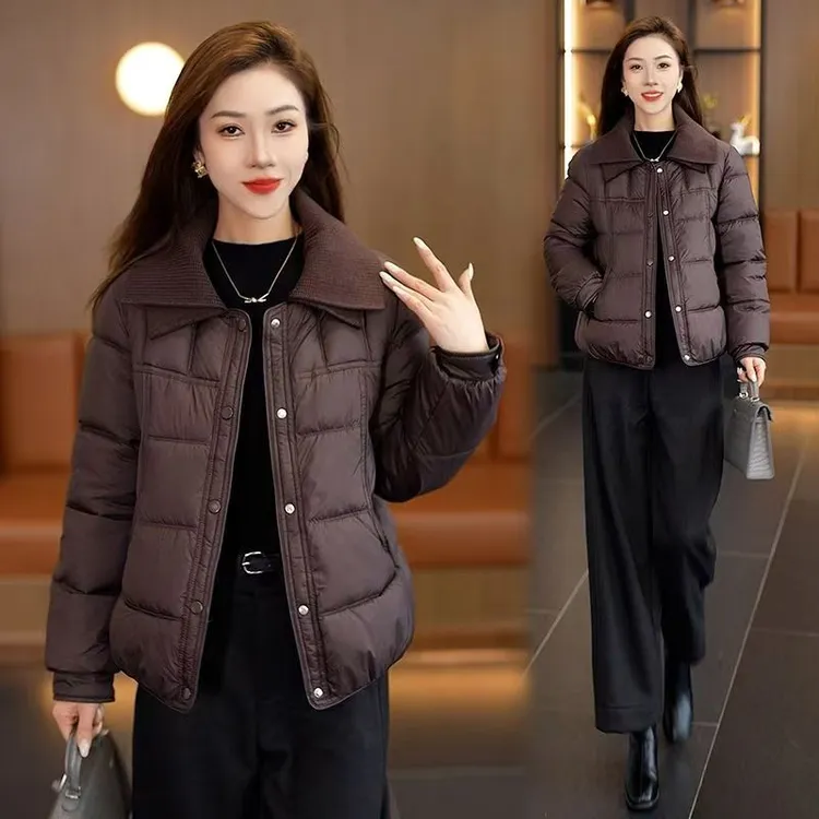 高档2025冬季新款时尚棉服针织双翻领短款时尚洋气保暖百搭棉服