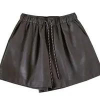 8035#-3【裤长约38】秋冬皮短裤女高腰松紧腰显瘦宽松A字黑色皮裤