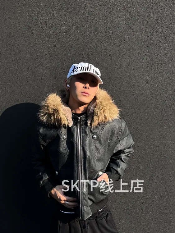 SKATEPARK“银狐座山雕”解构皮质可拆卸毛领帽檐冬季棉服外套