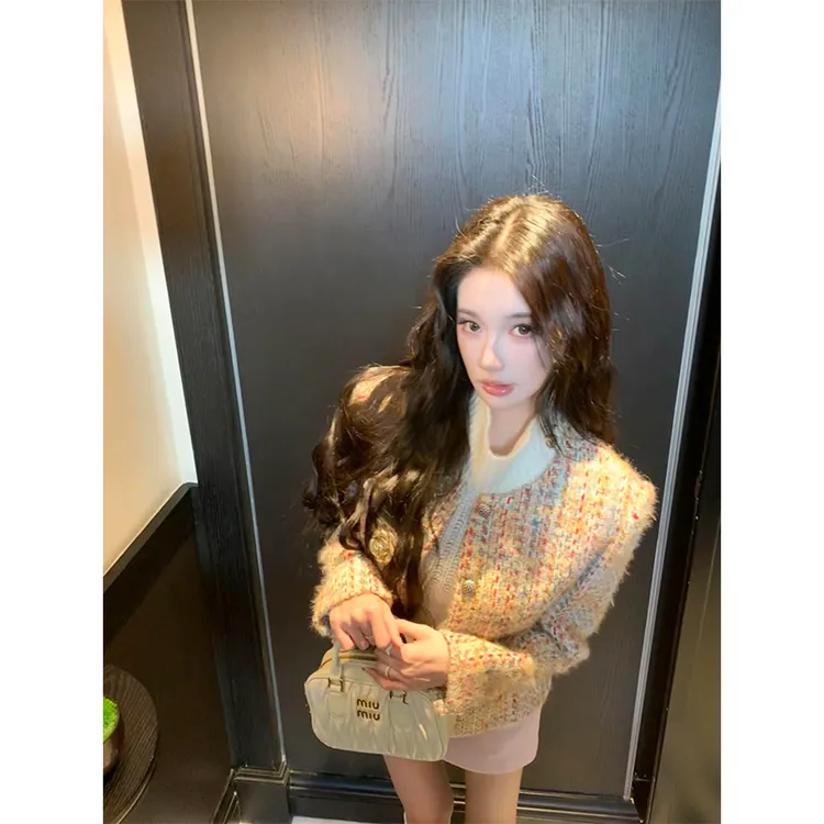 MARIE.COCO秋冬新款小香风花色外套内搭打底衫背心高腰半身裙套装