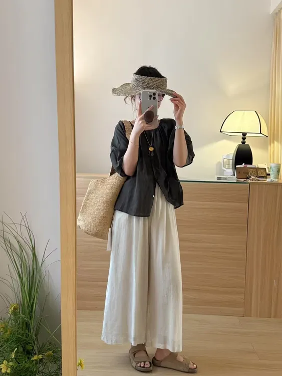 2025夏季新款韩系气质黑色中袖薄款小衫高腰百搭阔腿休闲裤套装