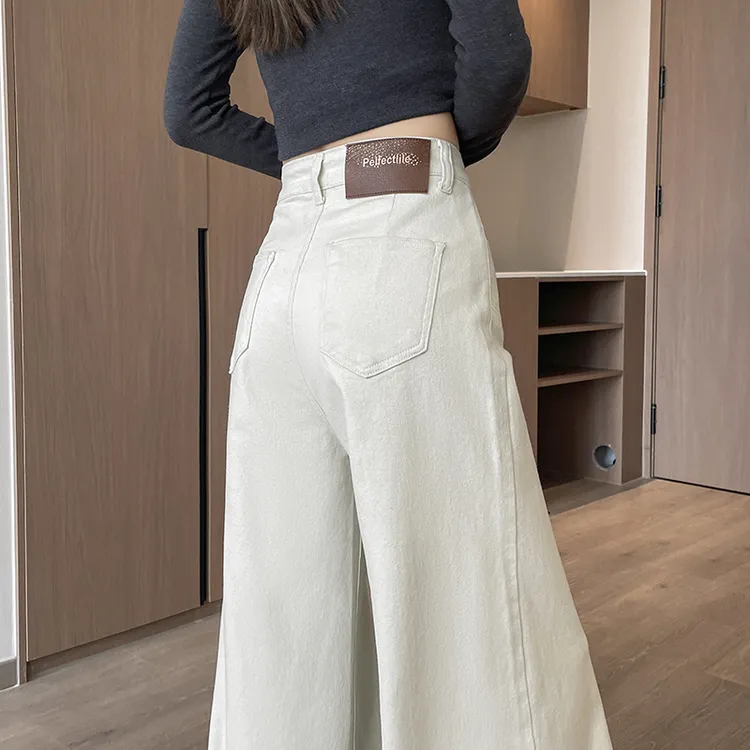 米白色窄版阔腿牛仔裤女秋冬加绒2025新款高腰直筒宽松拖地长裤
