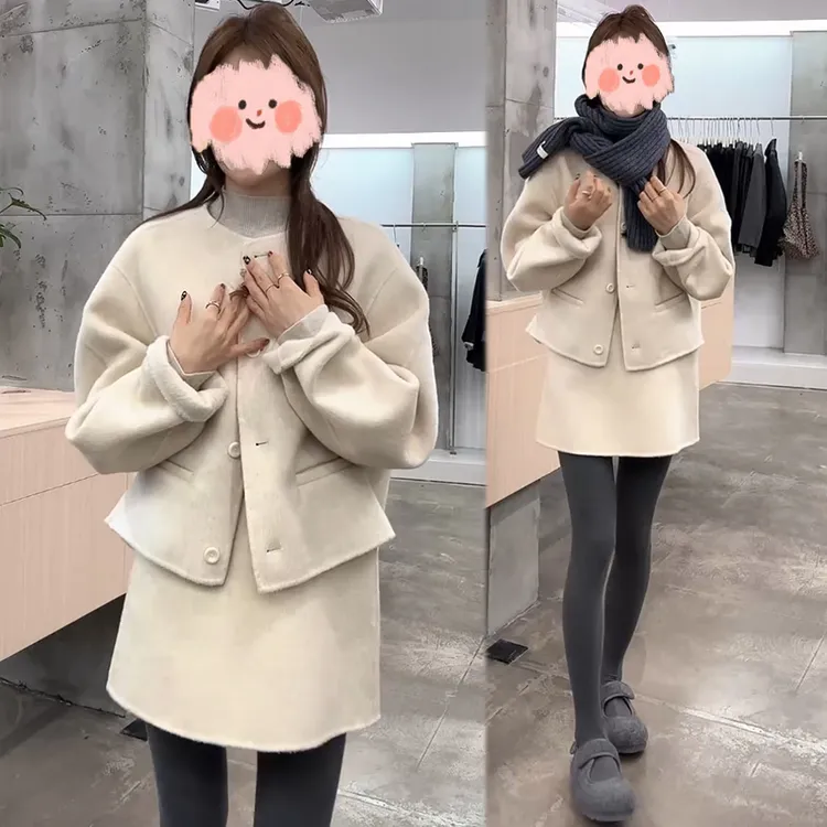 小香风圆领短外套女秋冬简约韩版温柔百搭气质高级感半身裙两件套