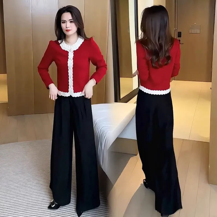 时尚套装女2025春季新款洋气小香风蕾丝拼接上衣阔腿裤减龄两件套