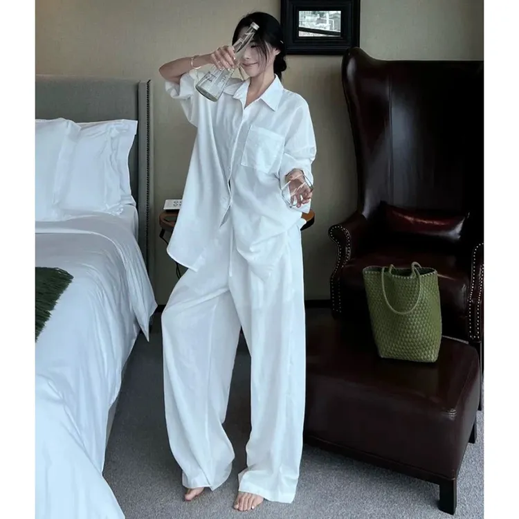慵懒风宽松衬衫外套女装春季白色薄款长袖防晒上衣+裤子套装