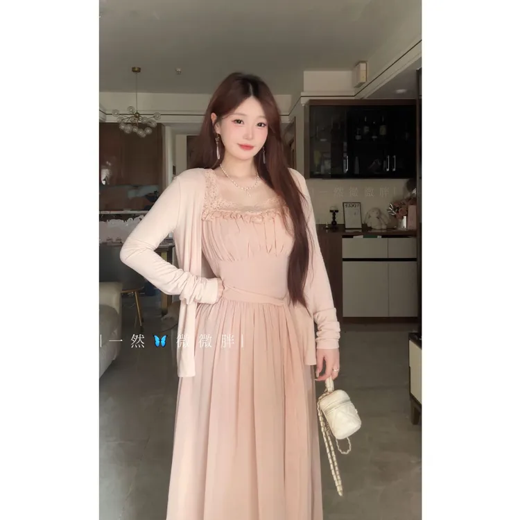 大码女装蕾丝拼接粉色方领吊带连衣裙夏季绑带修身裙子12585