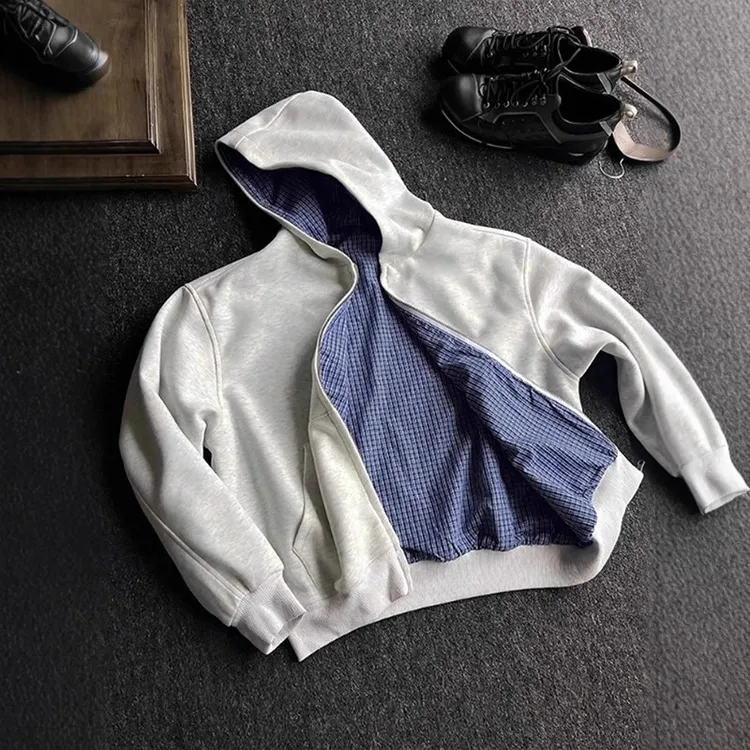 灰色美式开衫连帽卫衣男秋季cleanfit高级感miu系格纹双面穿外套