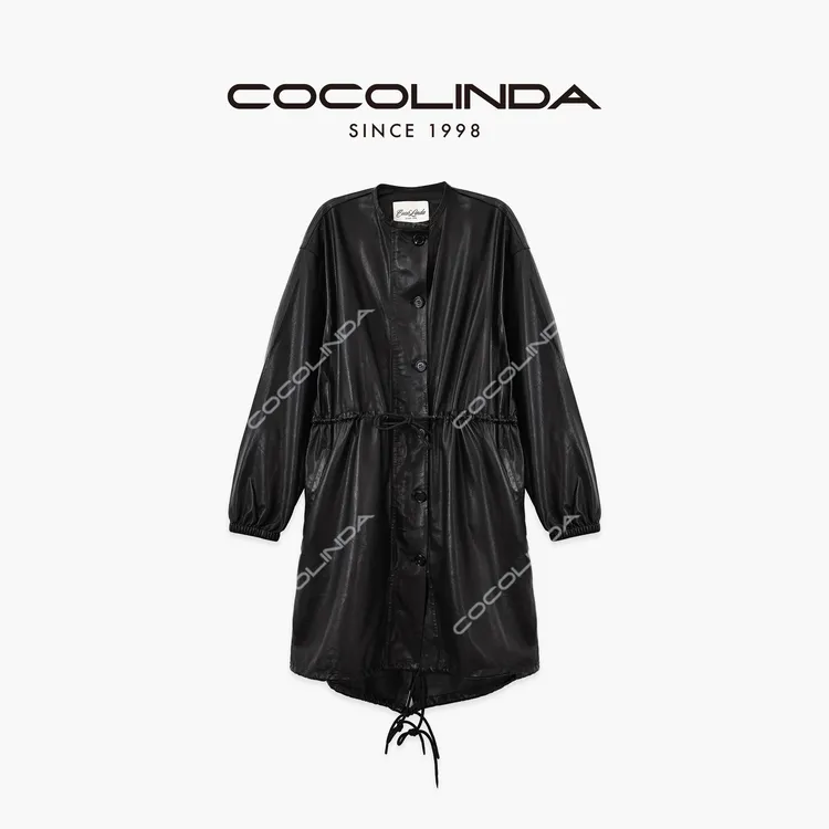 COCOLINDA | 100%绵羊皮欧美廓形慵懒圆领系带中长款皮风衣F5260