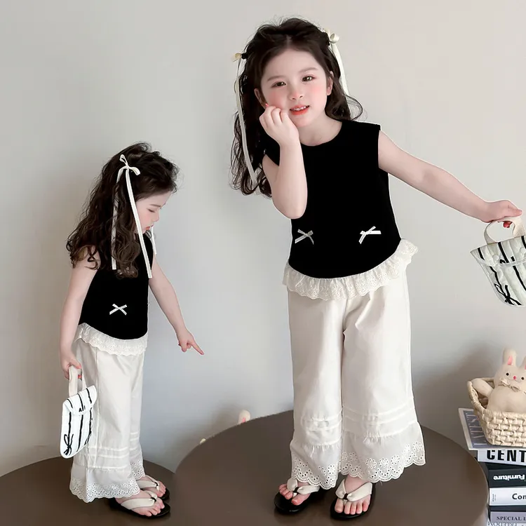 【阳宝家】女童花边蝴蝶结套装2025夏季新款时尚小女孩洋气两件套中