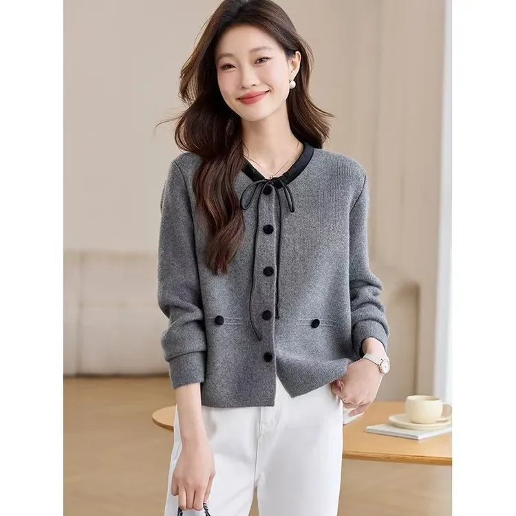 小香风系带毛衣外套2025新款洋气百搭减龄小个子圆领针织开衫上衣