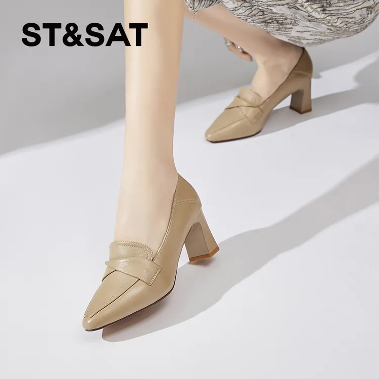 星期六粗跟高跟鞋2025新款羊皮尖头单鞋浅口不累脚女式上班工作鞋