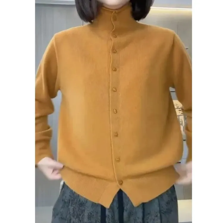 复古时尚立领长袖女秋季外穿休闲百搭毛衣上衣