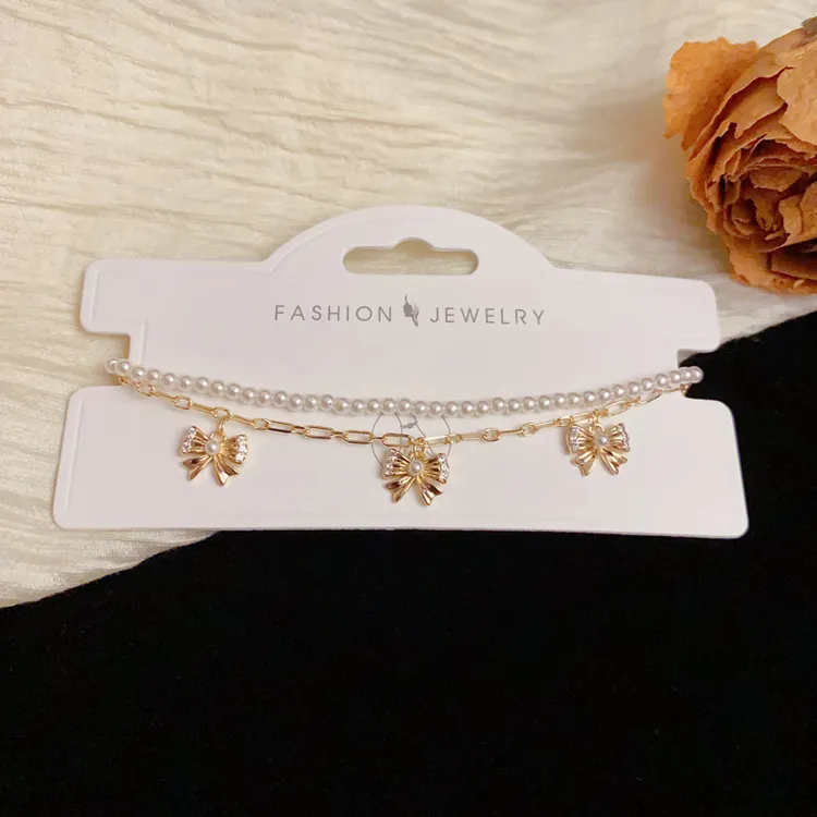 铜镀真金合成锆石手链 双层链条珍珠蝴蝶结手链百搭小众ins甜美