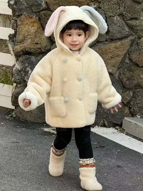 纯色小兔耳朵厚款洋气可爱呢大衣双排扣女宝保暖仿羊羔毛加绒加厚