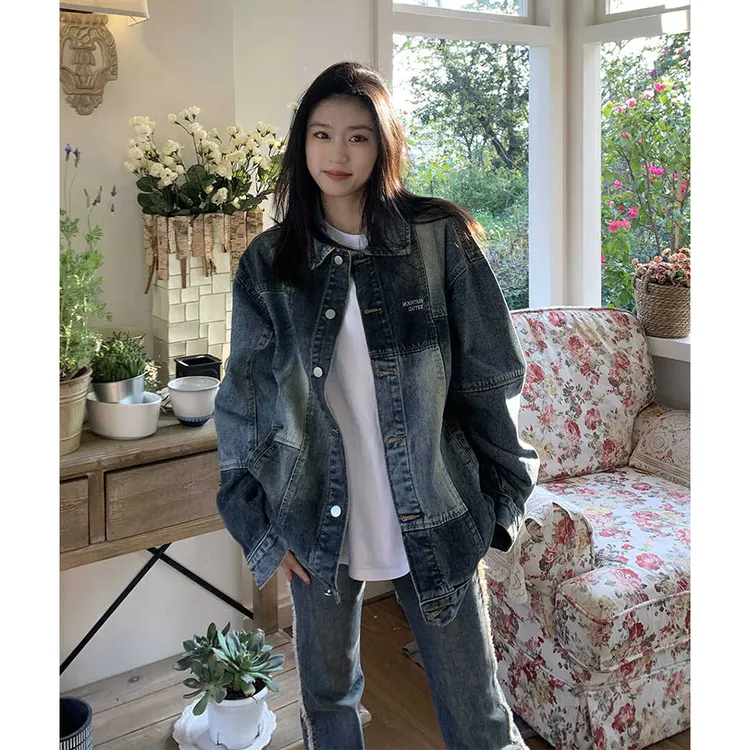 复古撞色拼接牛仔外套女秋季2025时尚设计感小众美式宽松夹克上衣
