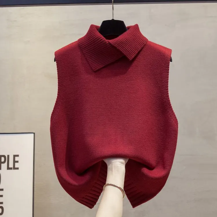 品牌折扣~专柜欧货翻领针织马甲背心女秋冬新款马夹洋气毛衣坎肩