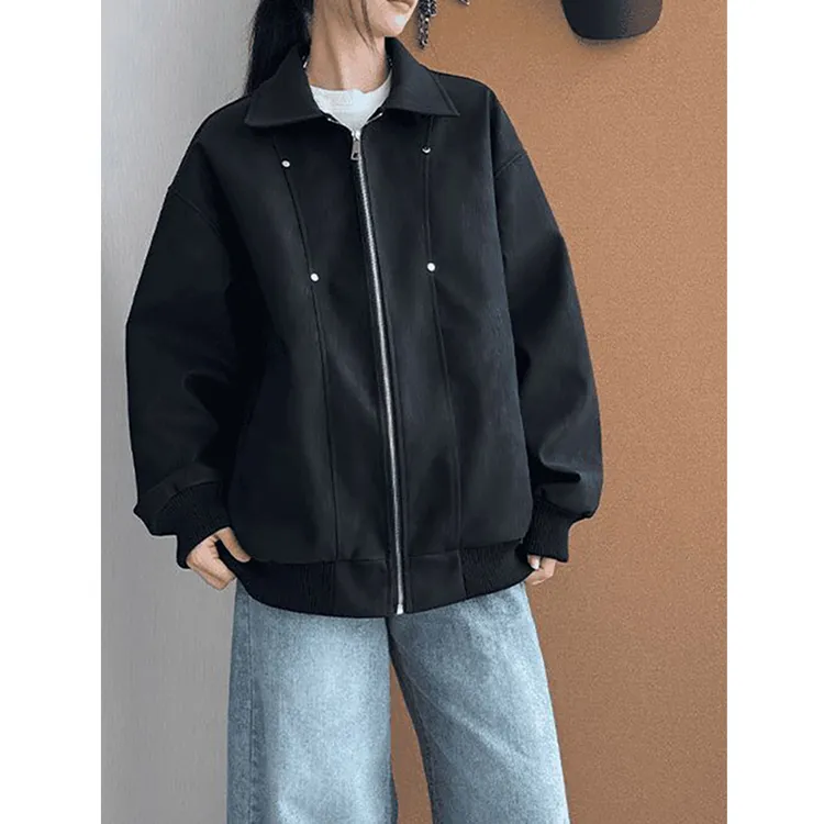 美式复古翻领皮衣男款春秋季机车服夹克情侣cleanfit宽松休闲外套
