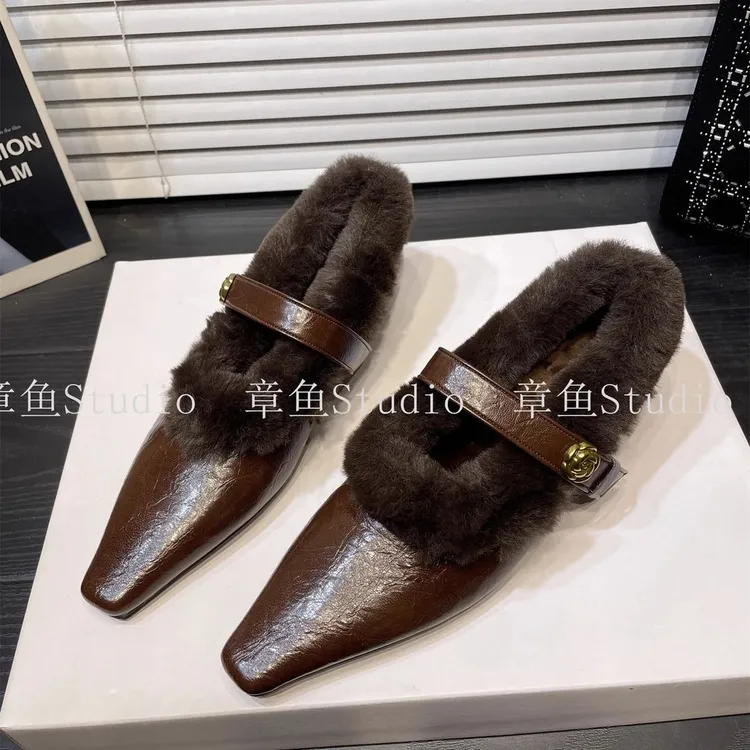 2025冬季新款浅口一脚蹬棉鞋加绒保暖低跟单鞋方头一字扣玛丽珍鞋