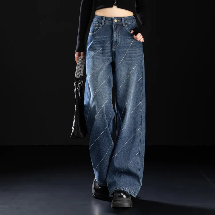深蓝色加绒牛仔裤女2025秋冬高街烫钻裤子宽松高腰阔腿裤直筒长裤