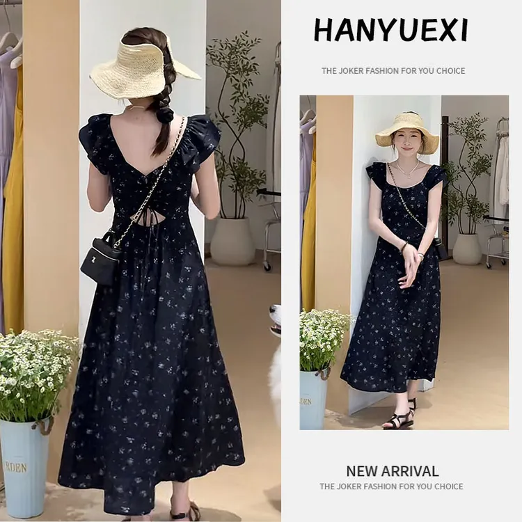 2025年新款夏季绝美小裙子温柔风中长款镂空绑带飞飞袖碎花连衣裙