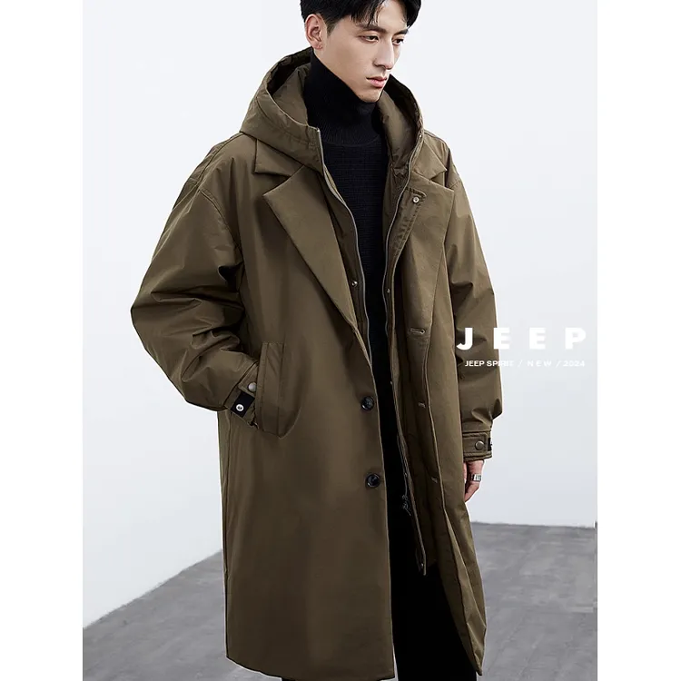 JEEPSPIRIT潮牌假两件中长款休闲羽绒服男士冬季加厚连帽保暖外套