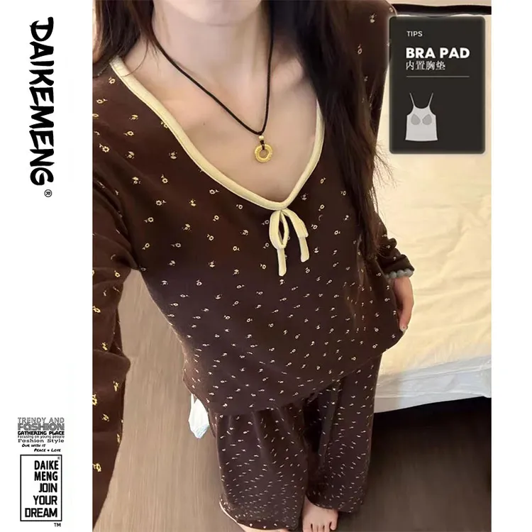 复古甜美风碎花带胸垫德绒睡衣秋冬厚款长袖套头休闲家居服两件套