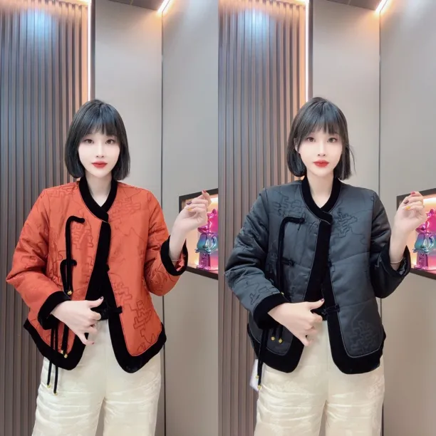 敏宝儿➕新中式国风流苏醋酸提花立领盘扣加厚棉服外套女装