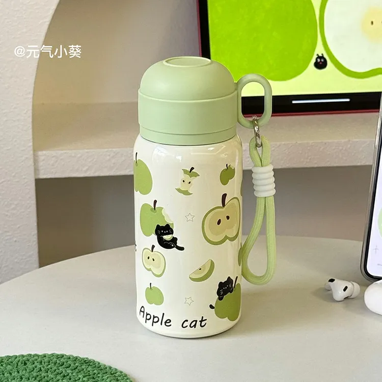 新款青苹果可爱女生保温杯316不锈钢长效锁温户外便携三饮