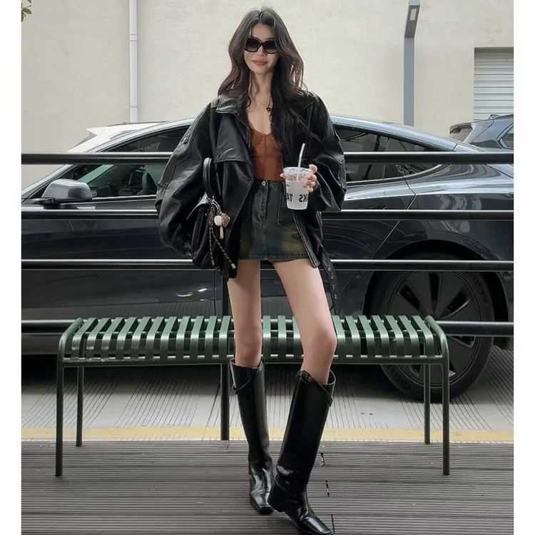 高端肌理感阔版双领机车皮衣女春秋时尚宽松显瘦8205