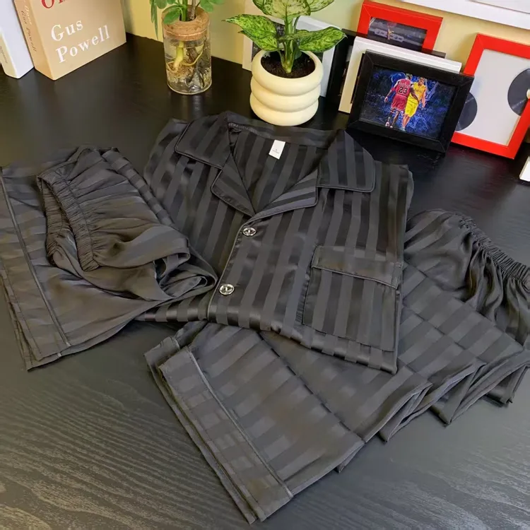 【黑色条纹】夏季男款台州缎面软丝三件套睡衣