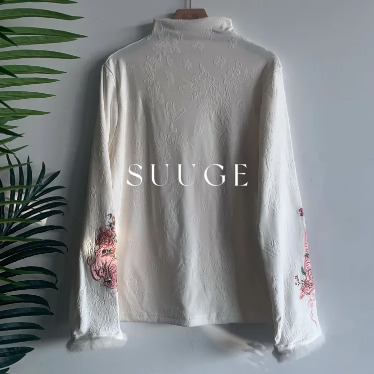 蘇格高定-【随心配】国风刺绣百搭袖口毛边新中式德绒打底衫上衣